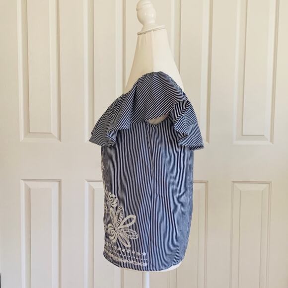 Blue Rain Blouse Top White Blue Striped Ruffled Sleeveless Embroidered XS - Picture 9 of 11